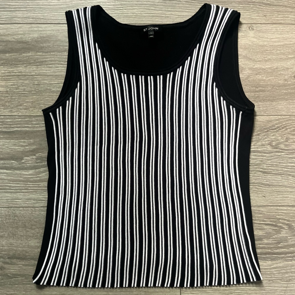 St. John Black White Vertical Stripe Scoop Neck Knit Sleeveless Tank Size L Work